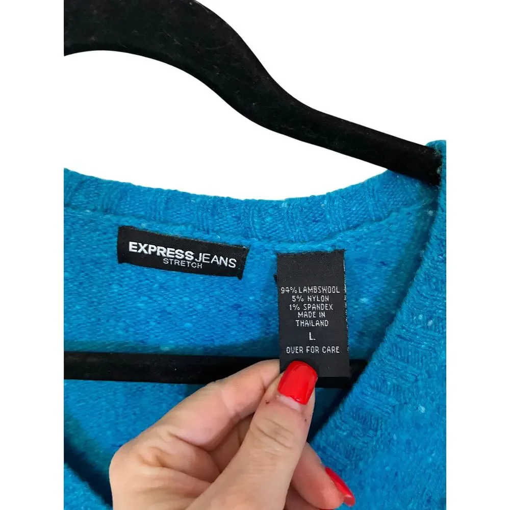 Express Women’s Teal Lambswool Knit Sweater Y2K Preppy Minimalist Pullover L